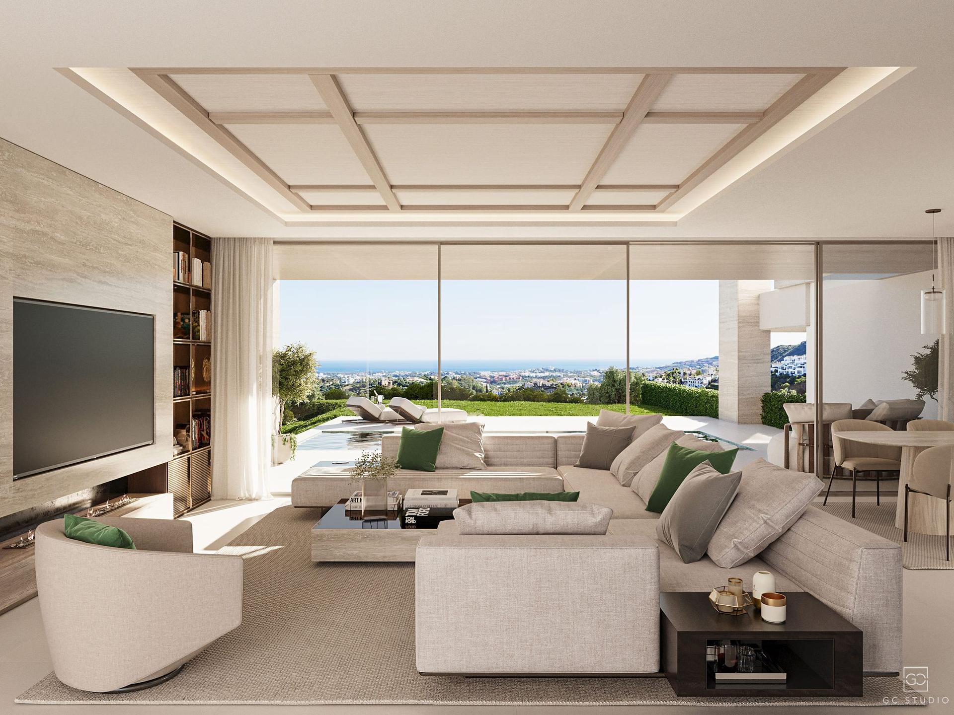 Open-plan living room with sea views